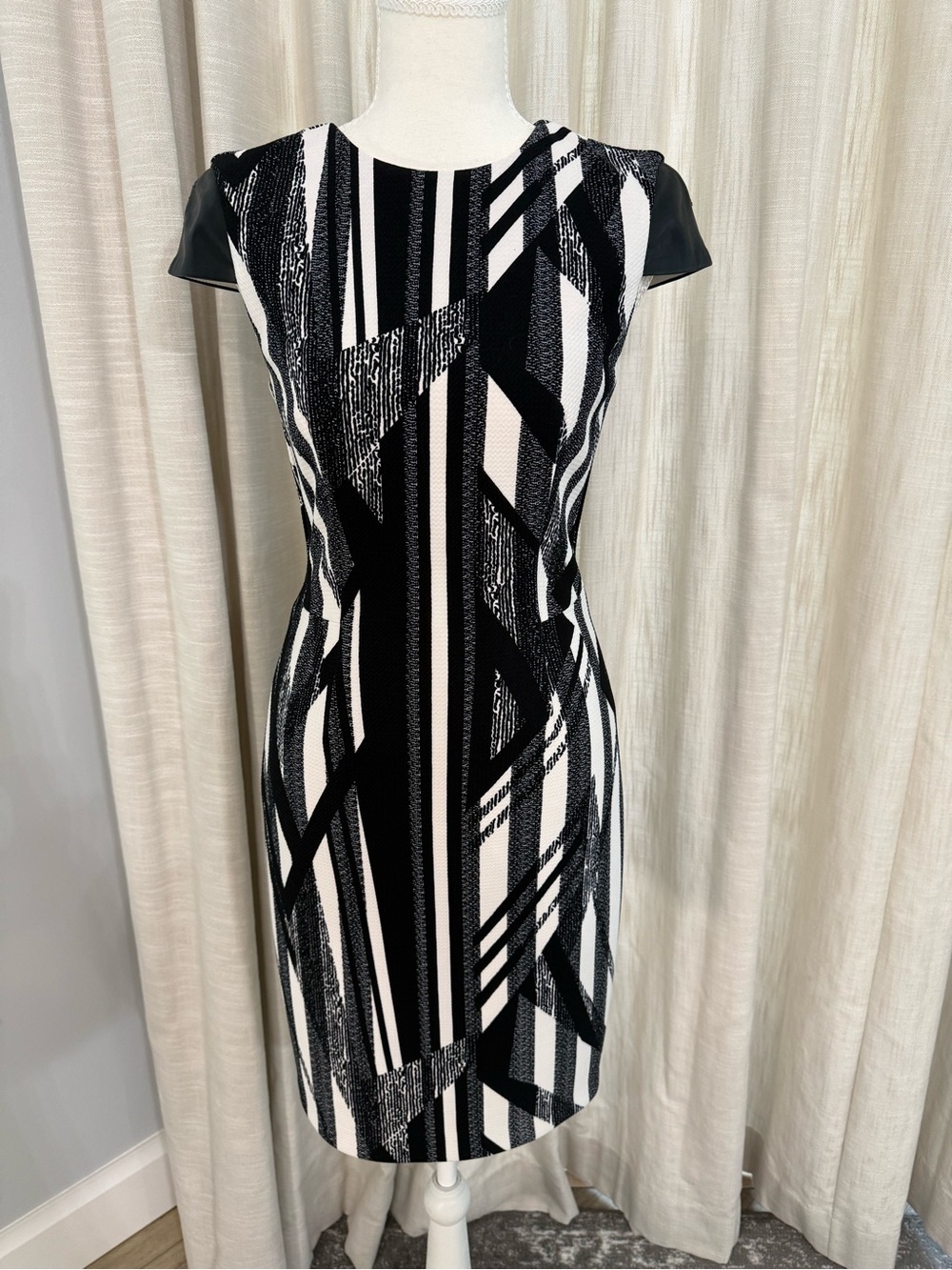 Cache Black & White Geometric Midi Dress